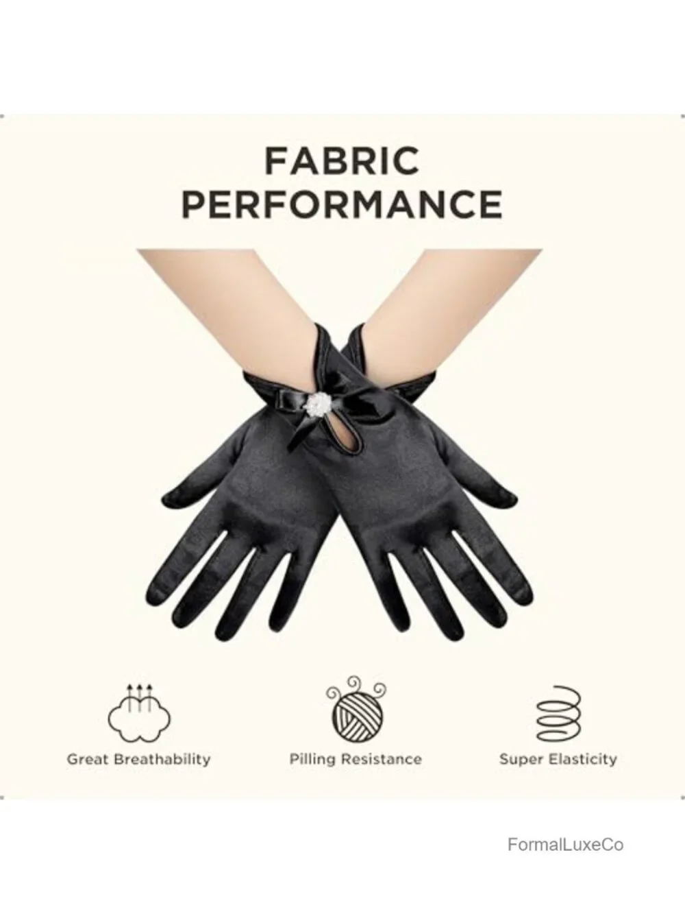 Satin Gloves for Women - Short Prom Gloves with Pearl Flower Cuff - Wedding Tea